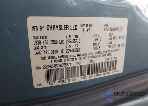 2008 Chrysler Town & Country Touring from USA, damaged, VIN 2A8HR54P78R655974